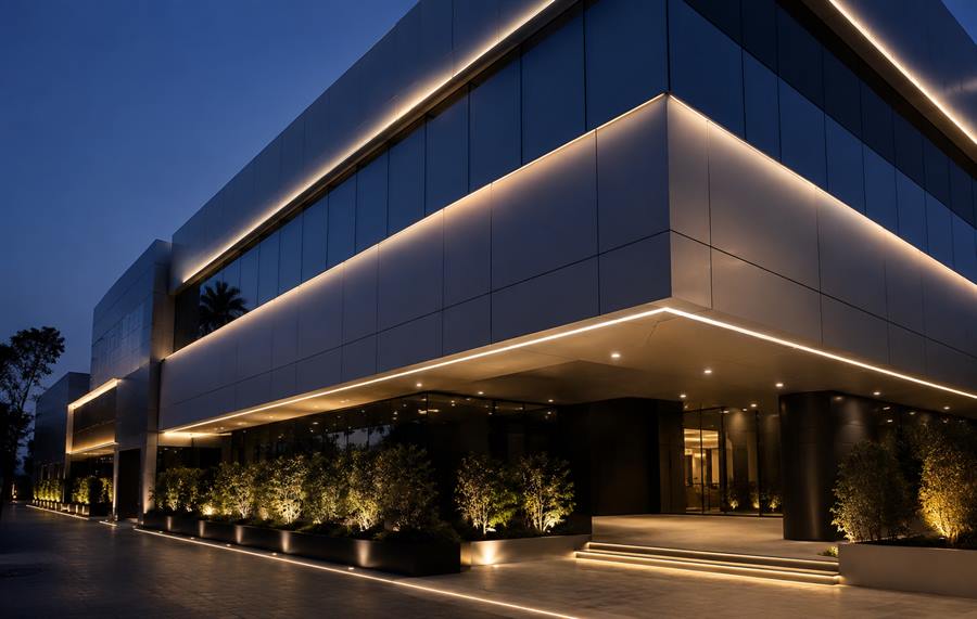 Commercial building clad in metal panels, lit at dusk