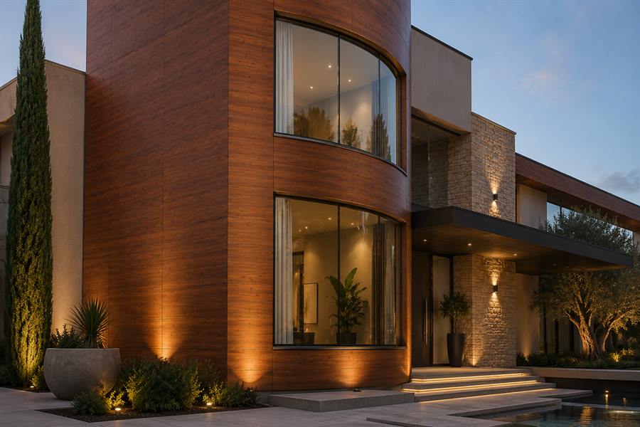 House facade clad in wood-effect high pressure laminate panels at dusk