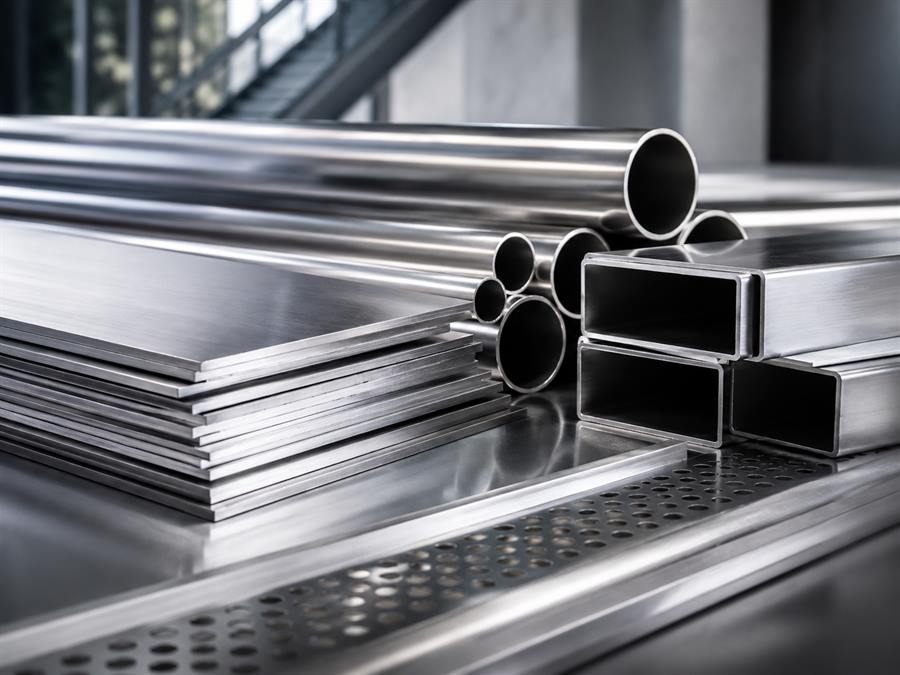 Stainless steel sheets, square tube and perforated sheet stacked in stock