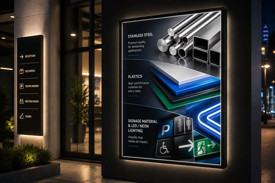 Illuminated signage display panels lit at night