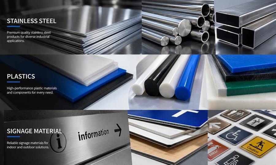 Stainless steel, plastics and signage material samples shown together
