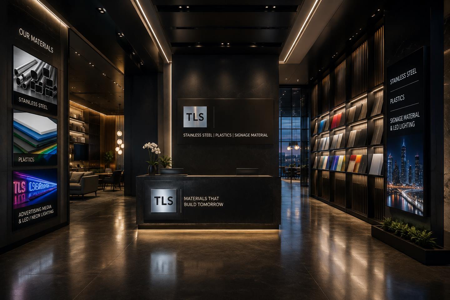 The TLS entrance and showroom: a lit reception desk with stainless steel, plastics and signage material displays along the walls